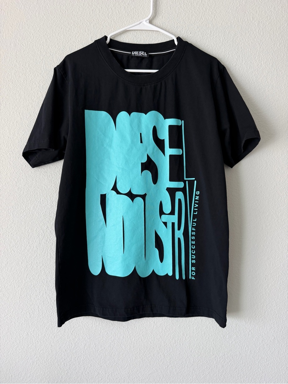 Diesel Men's T-Shirt Black Teal Logo Print For Successful Living 100% Cotton
